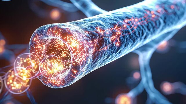 Neural synapse connection glowing electric impulse nerve fiber neuron vibrant blue orange digital biology anatomy microscopic medical science illustration