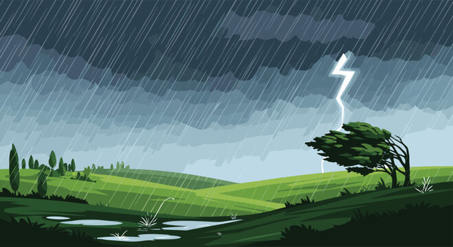 A dramatic pixel art landscape depicts a heavy rainstorm over green rolling hills with a tree bending in the wind and lightning.
