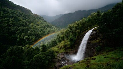 A vibrant rainbow arcs over a lush green mountain valley with a powerful waterfall cascading down rocky slopes under a dramatic overcast sky