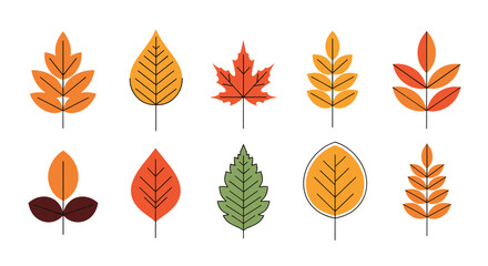 Collection of ten stylized and colorful autumn leaves in a modern flat geometric design style isolated on a white background.
