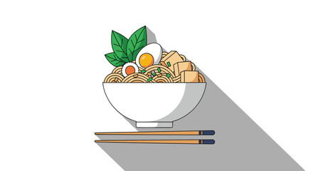 A stylized bowl of Japanese ramen noodles is shown with toppings like egg and tofu alongside chopsticks casting a long dramatic shadow.
