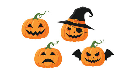 Fototapeta premium A set of four cartoon Halloween pumpkins with carved faces displays various emotions and costumes like a pirate and a bat on white.