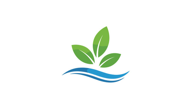 A simple and modern logo shows three green leaves sprouting from a stylized blue water wave symbol on a plain white background.