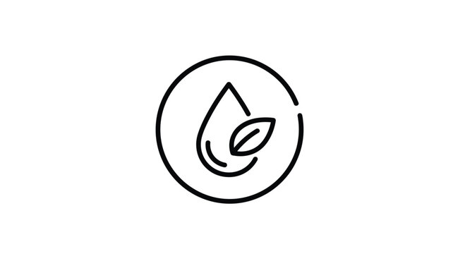 A simple black line art icon shows a single water drop with a small leaf inside it enclosed within a thin circle on a white background.