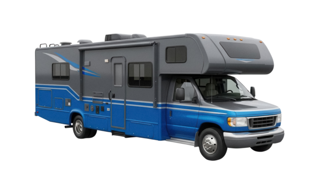 Blue and gray RV motorhome isolated PNG, recreational vehicle camper for road trips and outdoor adventures on transparent background
