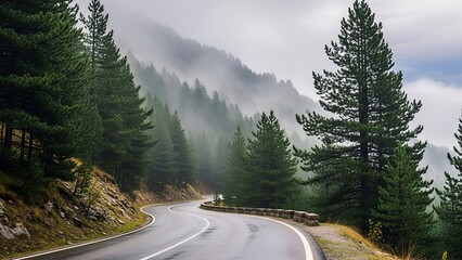 Winding road through misty mountain forest; evergreen trees line the route