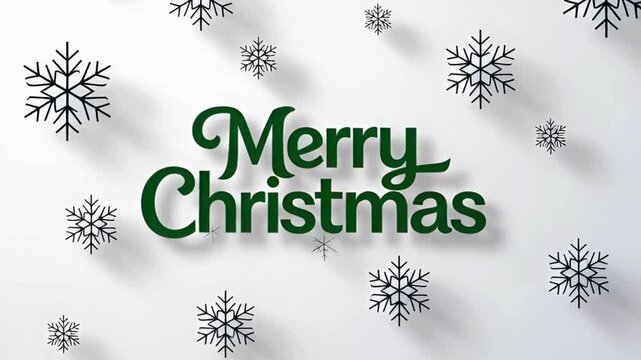 Flat modern green Merry Christmas typography, clean white background, thin-line snowflake icons, soft shadow, fresh aesthetic winter style, crisp clarity.
