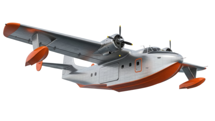 Vintage seaplane PNG isolated on transparent background, silver and orange flying boat with propellers for aviation history projects