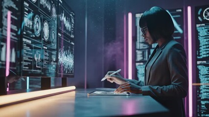 Data scientist works with tablet and holographic interface. This woman, a data analyst, uses a stylus on her tablet. A futuristic office with multiple screens shows complex data. Technology innovation - Powered by Adobe