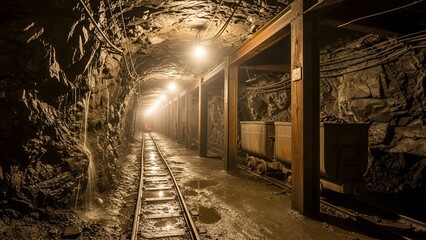 A dimly lit, narrow mine tunnel with tracks, wooden supports, and a far light source