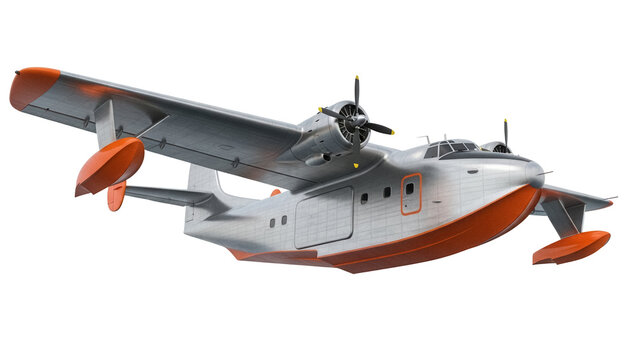 Vintage seaplane PNG isolated on transparent background, silver and orange flying boat with propellers for aviation history projects
