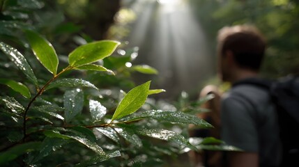 Sunlight streams through lush green leaves illuminating a forest trail where hikers with backpacks explore