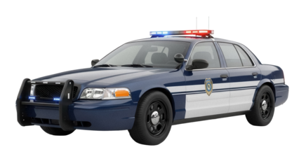Blue and white police car PNG isolated on transparent background, law enforcement vehicle for emergency response and public safety use