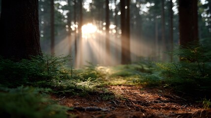Sunlight filtering through a misty forest illuminating the path and foliage