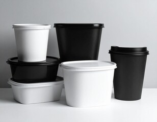 A diverse collection of black and white plastic containers, including tubs, bowls, and disposable cups, designed for various food packaging and storage needs in a modern business context