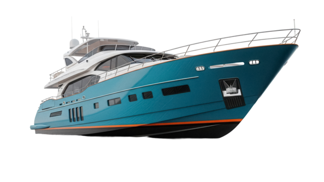 Luxurious blue yacht PNG isolated on transparent background, modern motorboat for sea travel and leisure activities