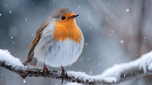 European Robin perched on a snow-covered branch in winter