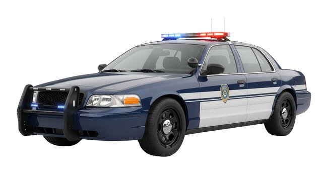 Blue and white police car PNG isolated on transparent background, law enforcement vehicle for emergency response and public safety use