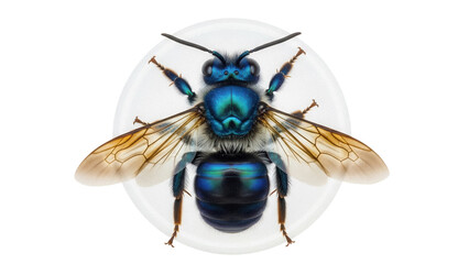 Vibrant blue sweat bee PNG isolated on transparent backdrop, metallic insect with wings for scientific study and educational use