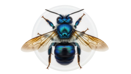 Vibrant blue sweat bee PNG isolated on transparent backdrop, metallic insect with wings for scientific study and educational use