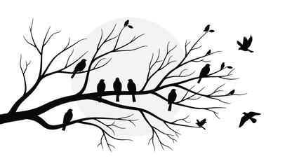 Silhouetted birds perched on bare branches against a full moon backdrop
