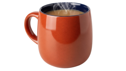 Orange ceramic mug with coffee isolated PNG, steaming hot beverage on transparent background for breakfast and cafe design elements