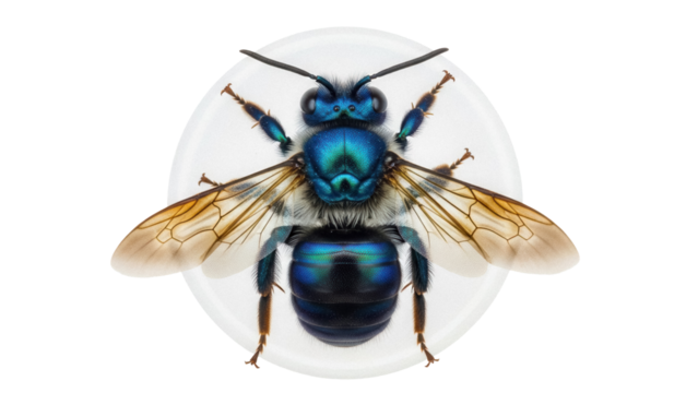 Vibrant blue sweat bee PNG isolated on transparent backdrop, metallic insect with wings for scientific study and educational use