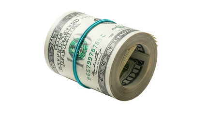Roll of hundred dollar bills with rubber band isolated PNG, bundle of cash for business and finance...