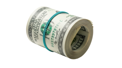 Roll of hundred dollar bills with rubber band isolated PNG, bundle of cash for business and finance concepts on transparent background