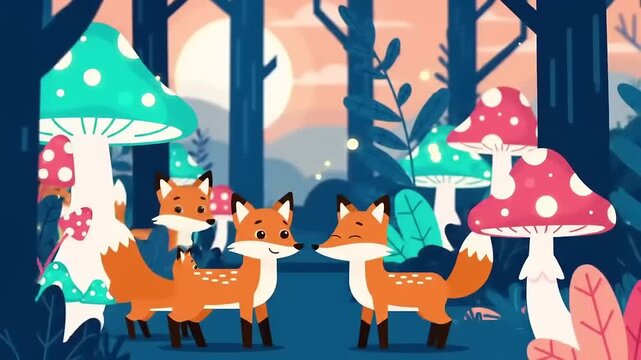 Enchanting Forest Scene with Foxes and Fantastical Mushrooms Animated Background Loop