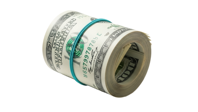 Roll of hundred dollar bills with rubber band isolated PNG, bundle of cash for business and finance concepts on transparent background