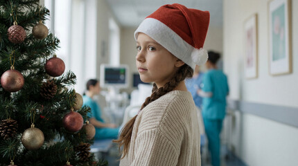Thoughtful girl in santa hat standing by decorated christmas tree in hospital corridor with medical staff in background