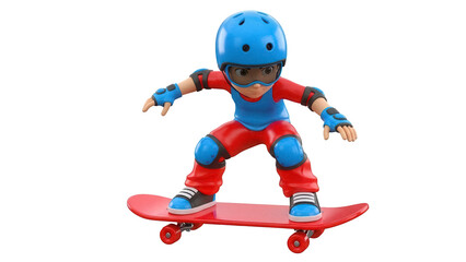 Cartoon boy with helmet and pads on skateboard isolated PNG, 3D rendering of skater character on transparent background