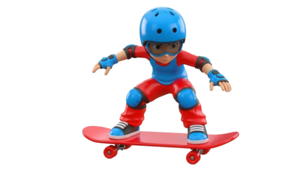 Cartoon boy with helmet and pads on skateboard isolated PNG, 3D rendering of skater character on transparent background