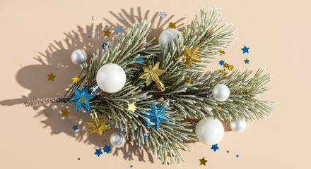 Festive evergreen branch decorated with white baubles, blue and gold stars, and sparkling confetti on neutral beige background