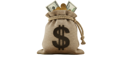Money bag with dollar sign PNG isolated on transparent background, financial wealth and investment concept for business and finance