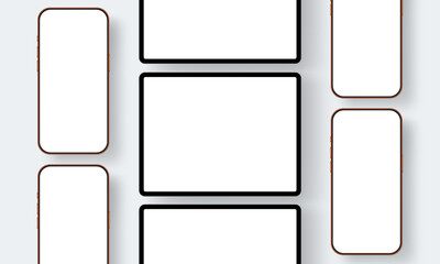Smartphones and tablets with blank screens for presenting mobile app layouts or web interface designs