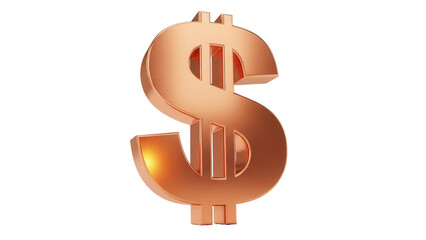 Copper dollar sign isolated PNG on transparent background, 3D rendering of currency symbol for finance and investment concepts