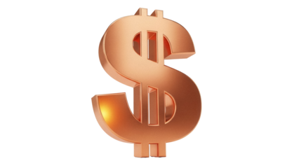 Copper dollar sign isolated PNG on transparent background, 3D rendering of currency symbol for finance and investment concepts