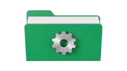 Green folder with gear isolated PNG, settings icon for document management and configuration on transparent background
