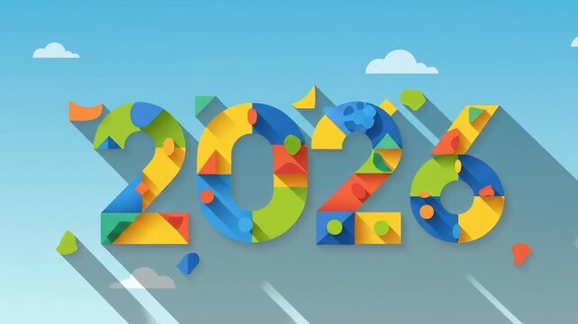 Colorful 2026 typography with long shadows against blue sky background