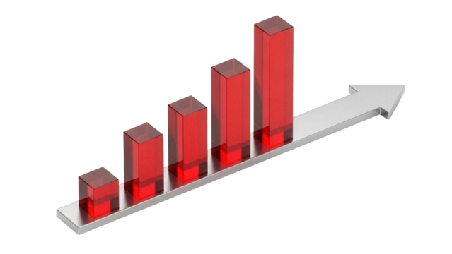 Red bar graph with silver arrow isolated PNG, business growth chart for financial success and market analysis on transparent background