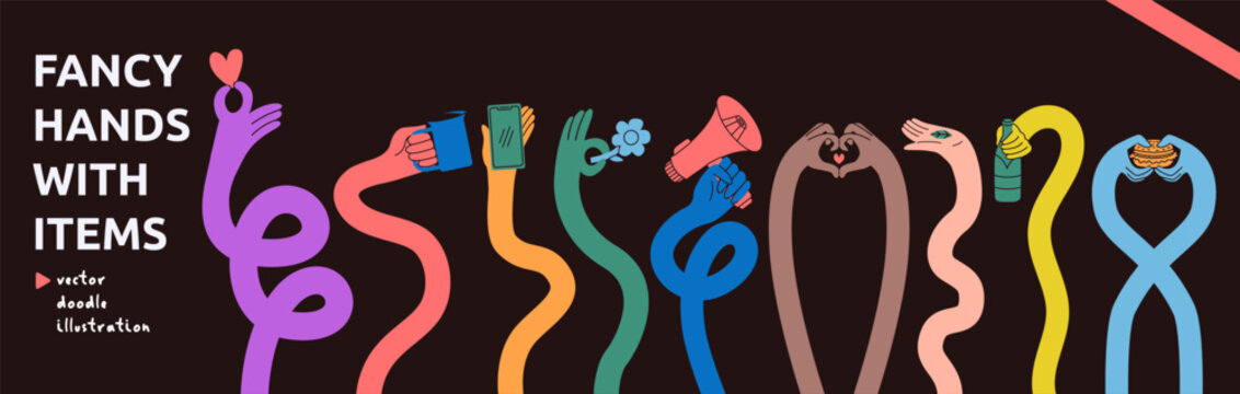 Multicolor Flexible Hand Long Arm with Items Set in Black Background. Comic Gesture Hands Flexible with Coffee, Heart, Burger, Smartphone, Megaphone, Flower, Bottle Kit. Vector Doodle Illustration