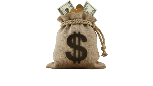 Money bag with dollar sign PNG isolated on transparent background, financial wealth and investment concept for business and finance