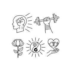 Wellness and strength icons: fist, dumbbell, lotus heart, yin yang balance.