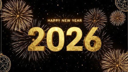 Golden happy new year 2026 text with sparkling fireworks explosion celebration on a dark black background for festive holiday greeting card design