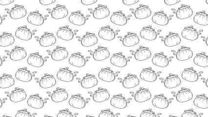 Seamless pattern of sketched coin purses and coins on a white background in a repeated design