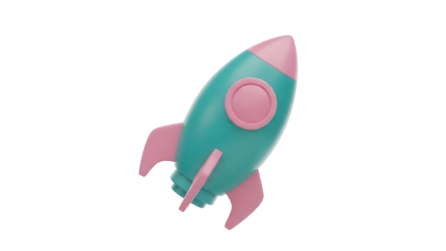 Teal and pink rocket ship PNG isolated on transparent background, retro space travel concept for kids and futuristic design