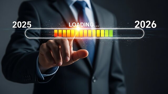 Businessman pointing at a loading bar transitioning from year 2025 to 2026, symbolizing progress, future planning, and goal achievement in business