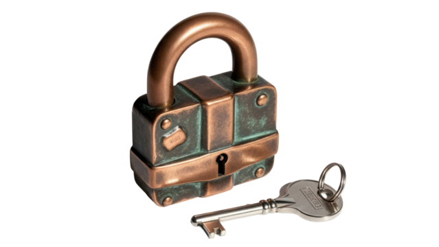 Antique padlock and key isolated PNG, vintage lock with tarnished copper finish for security and protection on transparent background - Powered by Adobe